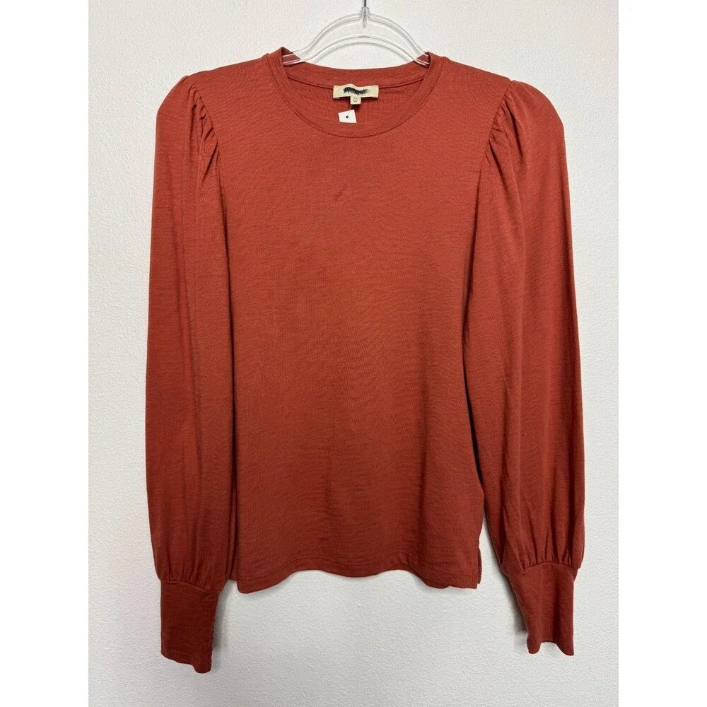 Madewell XS Smocked Long Sleeve Top in Soft Slub Faded Brick Cotton Pullover NWT